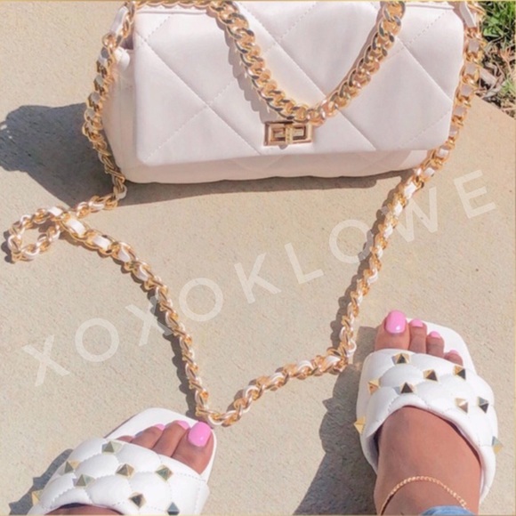 Gold Studded Quilted Single Band Sandal Slide - Picture 10 of 12